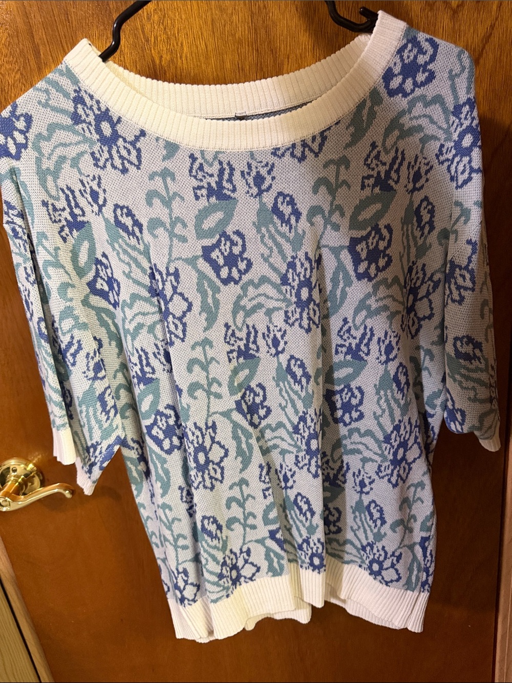 Blue Floral Knit Women’s Sweater with White Trim